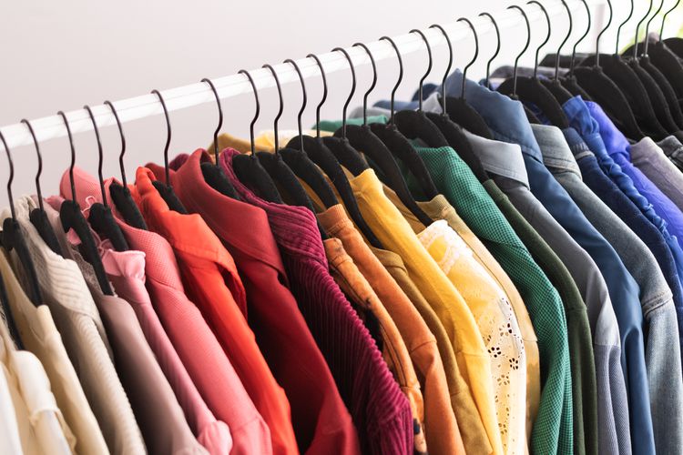 The wardrobe is neatly arranged with garments sorted by color on hangers.