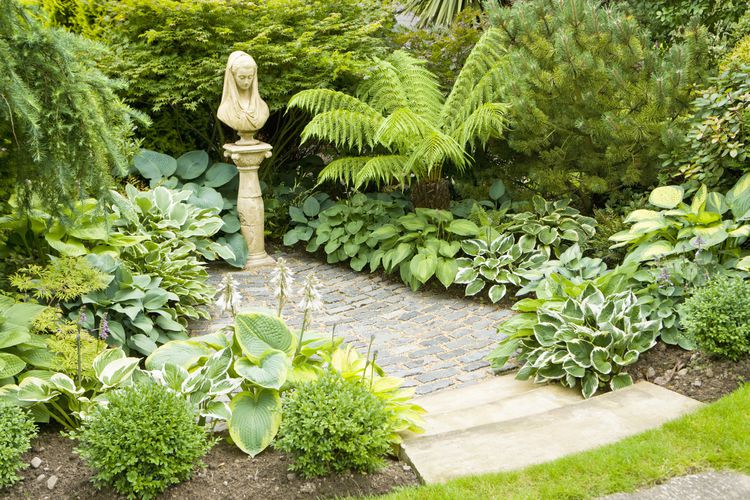 Ferns and hostas border a shaded path that leads to a garden statue.